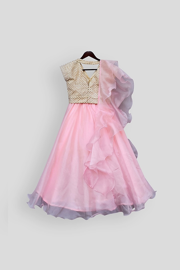 Beige & Pink Embroidered Lehenga Set For Girls by Fayon Kids at Pernia's Pop Up Shop