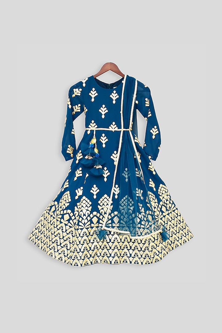 Teal Blue Embroidered Anarkali With Attached Dupatta For Girls by Fayon Kids