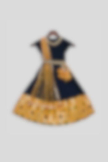 Dark Blue Embroidered Anarkali With Dupatta For Girls by Fayon Kids