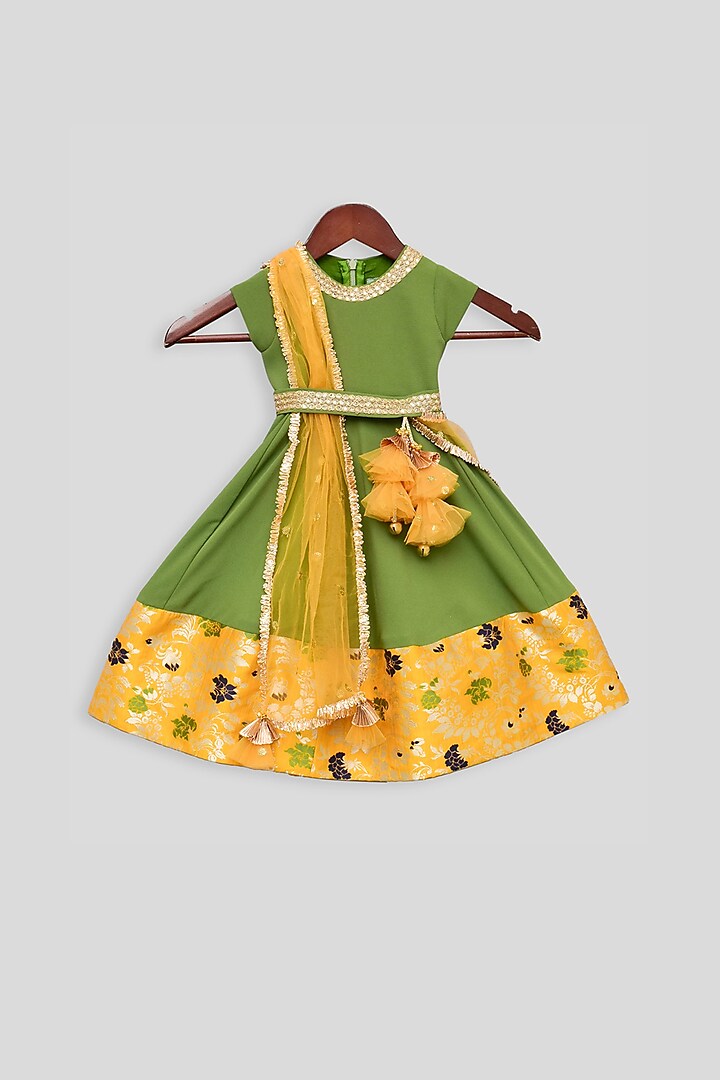 Mehendi Green Anarkali With Attached Dupatta For Girls by Fayon Kids