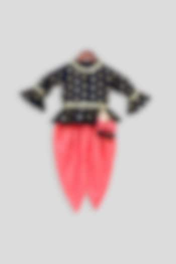 Dark Blue & Coral Dhoti Set For Girls by Fayon Kids at Pernia's Pop Up Shop