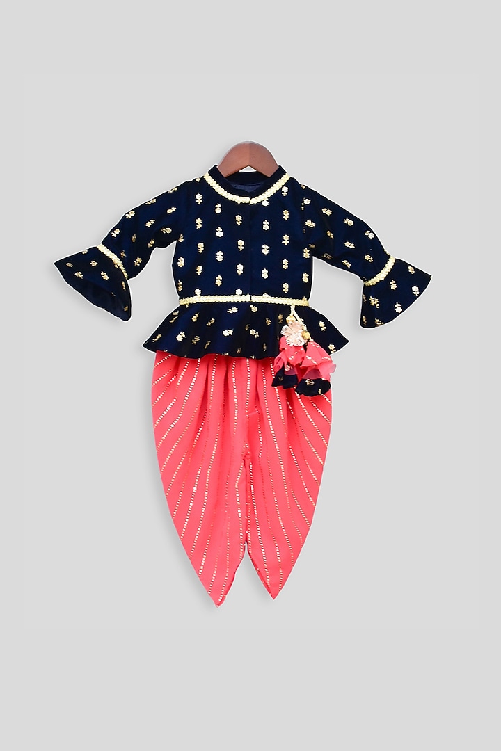 Dark Blue & Coral Dhoti Set For Girls by Fayon Kids at Pernia's Pop Up Shop