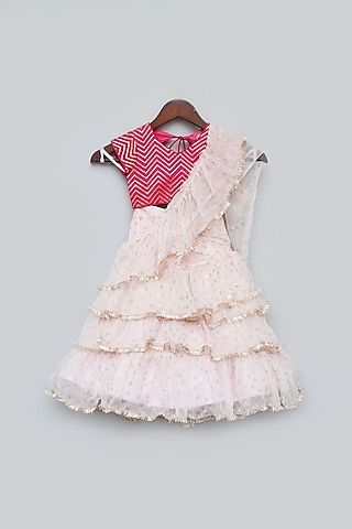Baby Pink Georgette & Chiffon Embroidered Pre-Stitched Saree Set For Girls by Fayon Kids