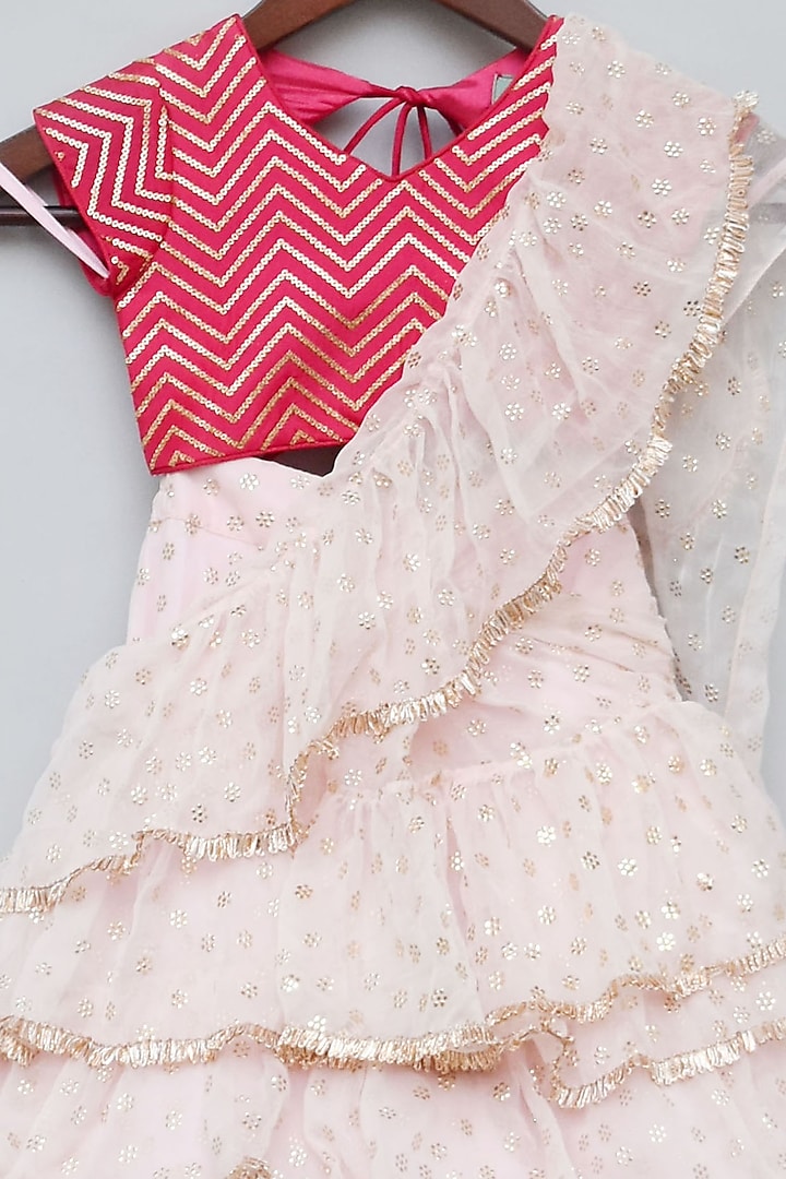 Baby Pink Georgette & Chiffon Embroidered Pre-Stitched Saree Set For Girls by Fayon Kids at Pernia's Pop Up Shop