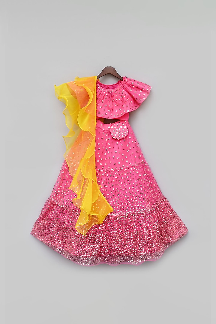 Hot Pink Net Embroidered Lehenga Set For Girls by Fayon Kids