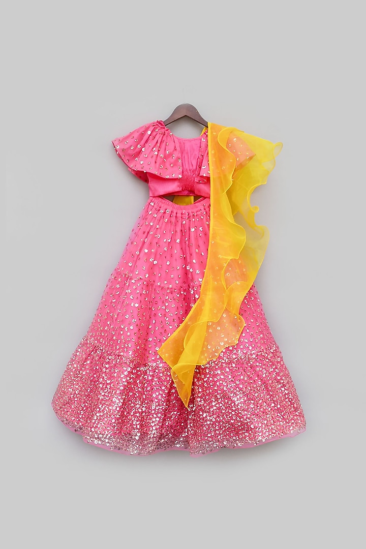 Hot Pink Net Embroidered Lehenga Set For Girls by Fayon Kids at Pernia's Pop Up Shop