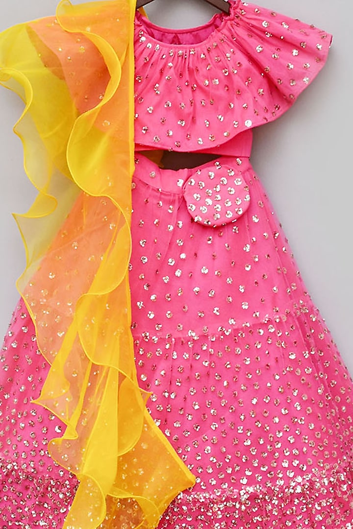 Hot Pink Net Embroidered Lehenga Set For Girls by Fayon Kids at Pernia's Pop Up Shop