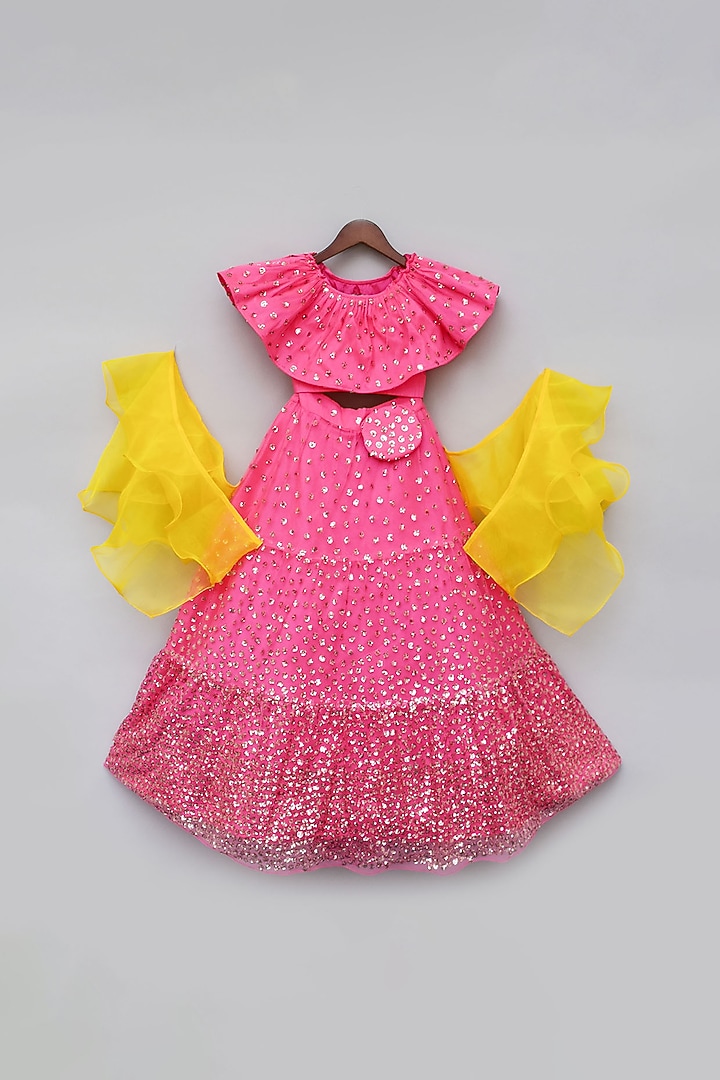Hot Pink Net Embroidered Lehenga Set For Girls by Fayon Kids at Pernia's Pop Up Shop