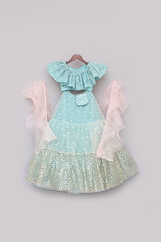 Blue Net Embroidered Lehenga Set For Girls by Fayon Kids