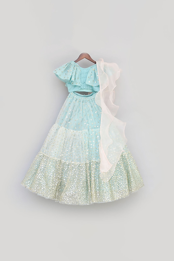 Blue Net Embroidered Lehenga Set For Girls by Fayon Kids at Pernia's Pop Up Shop