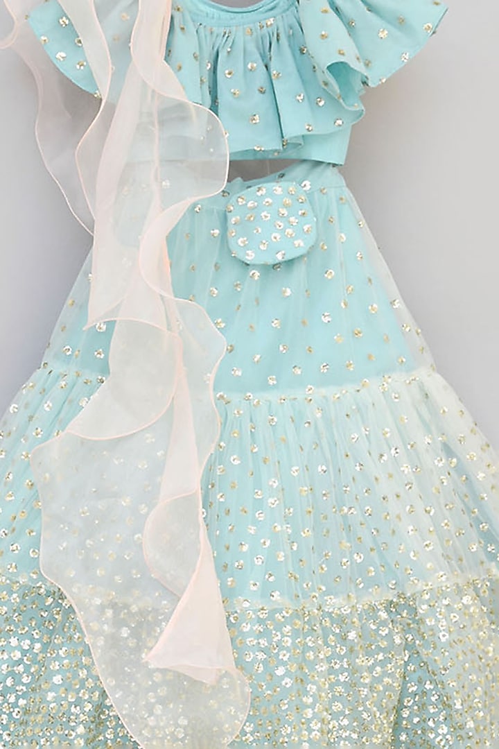 Blue Net Embroidered Lehenga Set For Girls by Fayon Kids at Pernia's Pop Up Shop