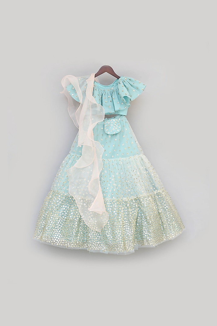 Blue Net Embroidered Lehenga Set For Girls by Fayon Kids at Pernia's Pop Up Shop