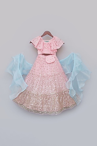 Pink Net Embroidered Lehenga Set For Girls by Fayon Kids