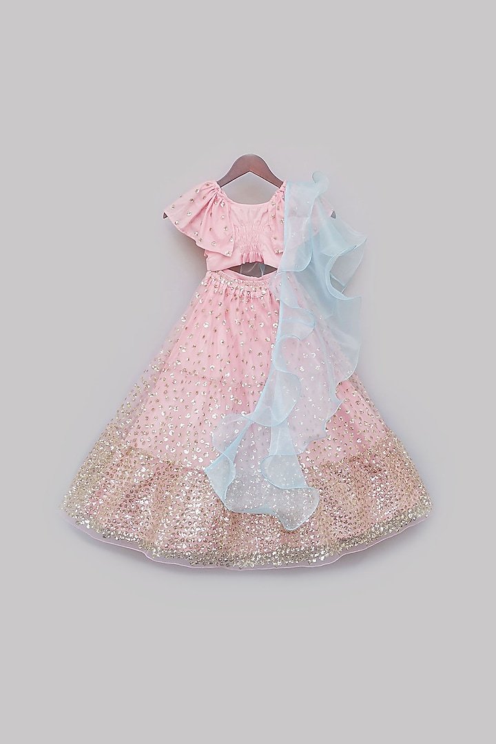 Pink Net Embroidered Lehenga Set For Girls by Fayon Kids at Pernia's Pop Up Shop
