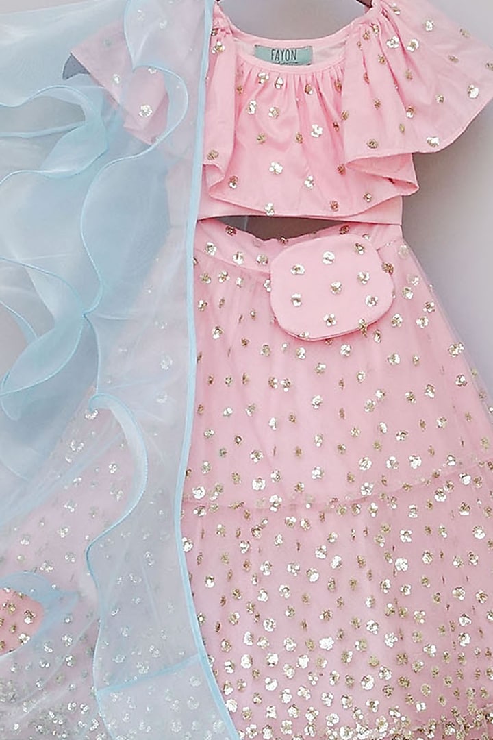 Pink Net Embroidered Lehenga Set For Girls by Fayon Kids at Pernia's Pop Up Shop