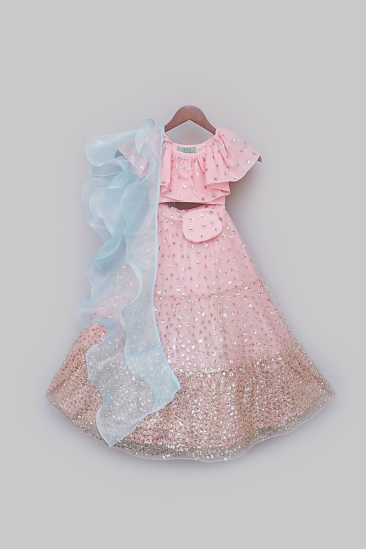Pink Net Embroidered Lehenga Set For Girls by Fayon Kids at Pernia's Pop Up Shop
