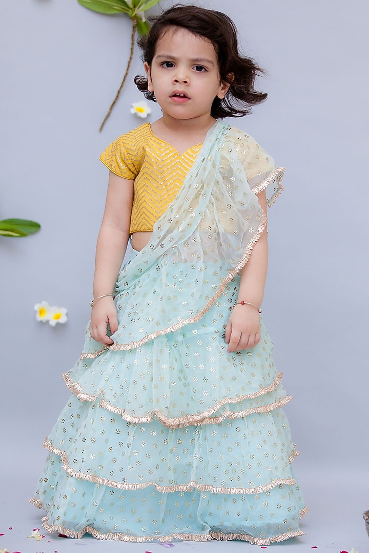 Light Blue Georgette & Chiffon Embroidered Pre-Stitched Saree Set For Girls by Fayon Kids at Pernia's Pop Up Shop