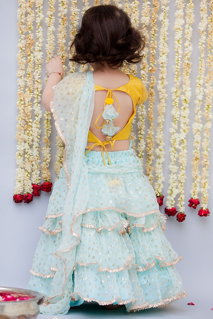 Light Blue Georgette & Chiffon Embroidered Pre-Stitched Saree Set For Girls by Fayon Kids at Pernia's Pop Up Shop
