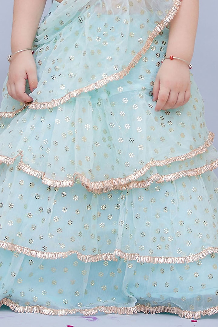 Light Blue Georgette & Chiffon Embroidered Pre-Stitched Saree Set For Girls by Fayon Kids at Pernia's Pop Up Shop