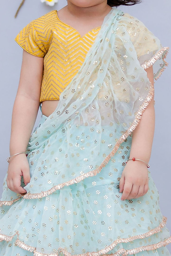 Light Blue Georgette & Chiffon Embroidered Pre-Stitched Saree Set For Girls by Fayon Kids at Pernia's Pop Up Shop