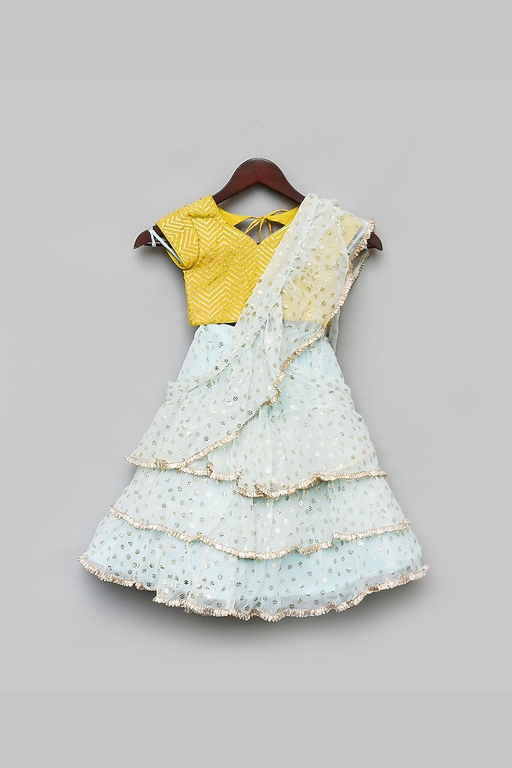 Light Blue Georgette & Chiffon Embroidered Pre-Stitched Saree Set For Girls by Fayon Kids at Pernia's Pop Up Shop