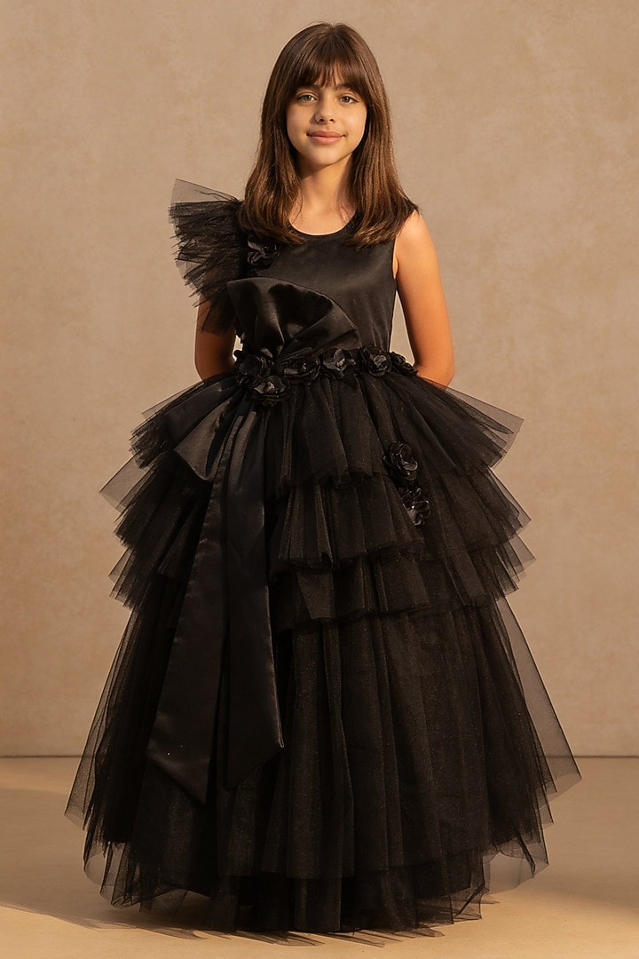 Black Net 3D Floral Gown For Girls by Fayon Kids at Pernia's Pop Up Shop