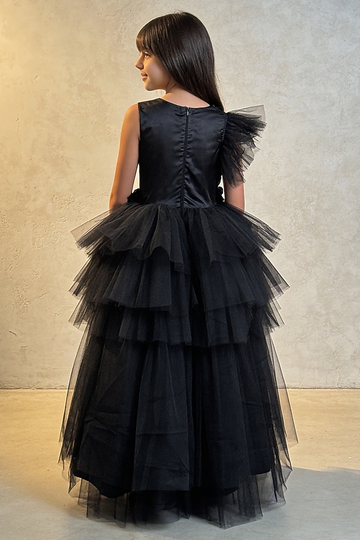 Black Net 3D Floral Gown For Girls by Fayon Kids at Pernia's Pop Up Shop