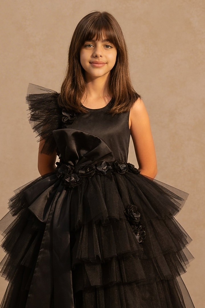 Black Net 3D Floral Gown For Girls by Fayon Kids at Pernia's Pop Up Shop