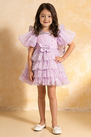 Lilac Net Butterfly Embroidered Frock For Girls by Fayon Kids
