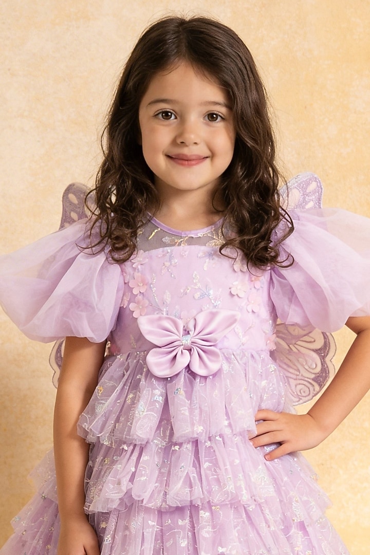 Lilac Net Butterfly Embroidered Frock For Girls by Fayon Kids at Pernia's Pop Up Shop