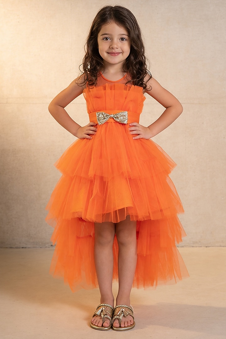 Orange Net High-Low Layered Frill Gown For Girls by Fayon Kids at Pernia's Pop Up Shop