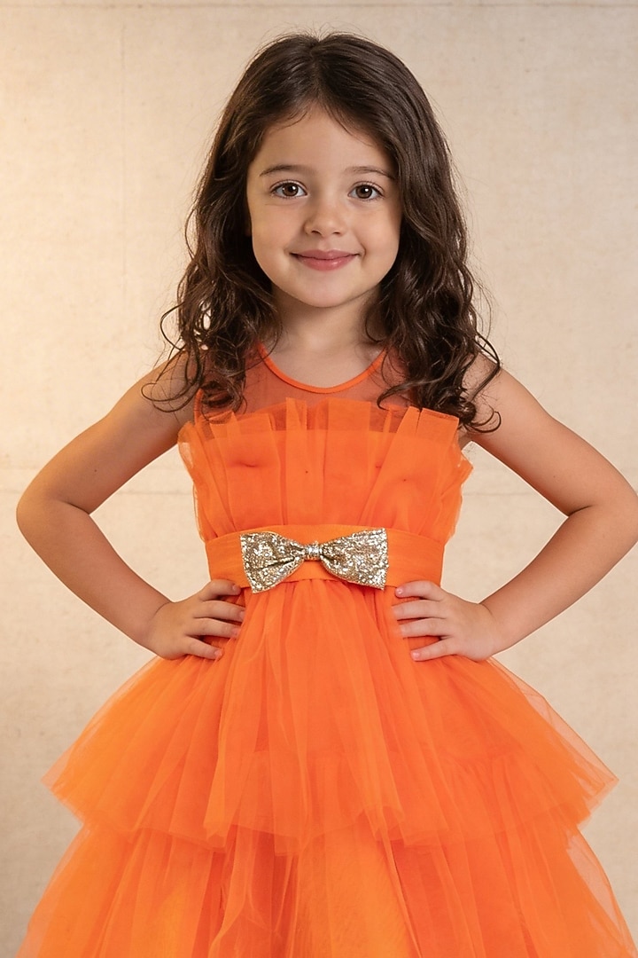 Orange Net High-Low Layered Frill Gown For Girls by Fayon Kids at Pernia's Pop Up Shop