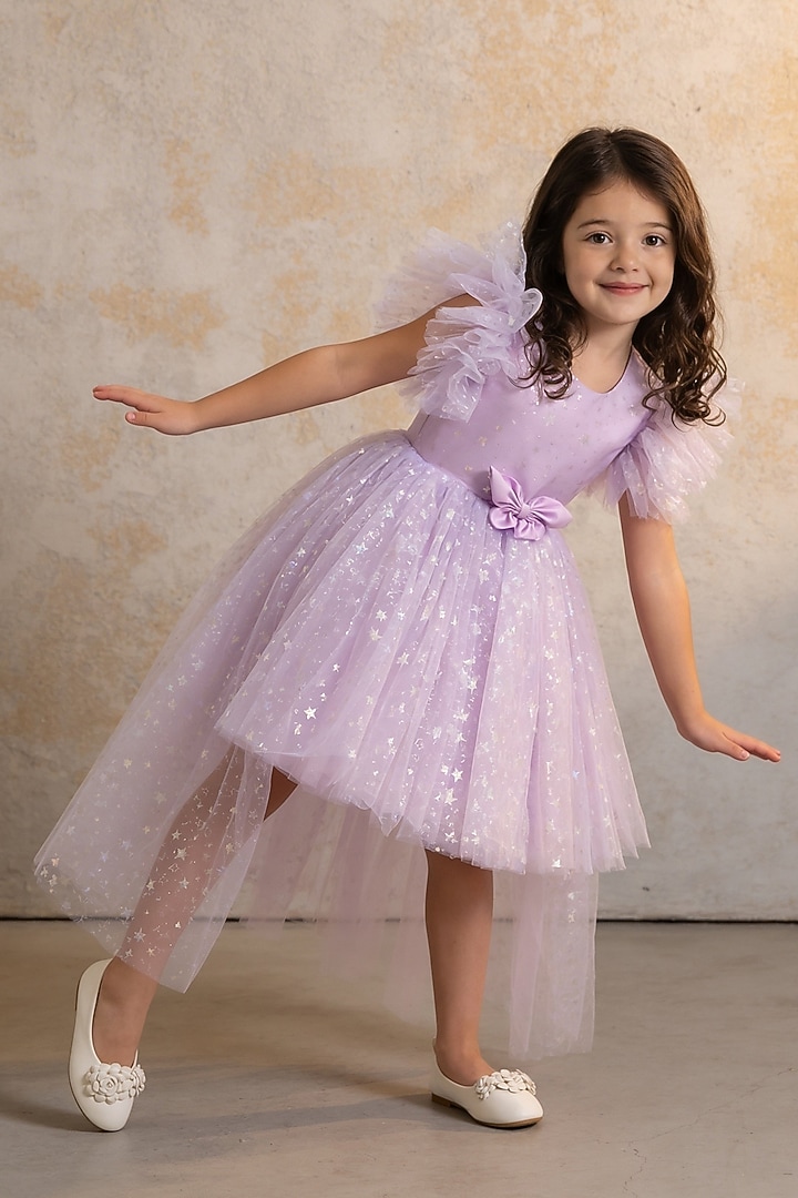Lilac Net High-Low Layered Frill Dress For Girls by Fayon Kids at Pernia's Pop Up Shop