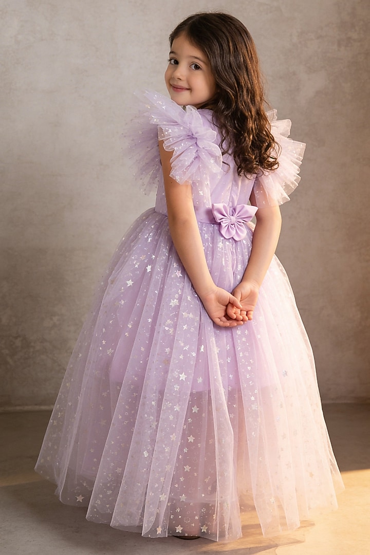 Lilac Net High-Low Layered Frill Dress For Girls by Fayon Kids at Pernia's Pop Up Shop