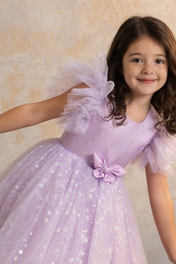 Lilac Net High-Low Layered Frill Dress For Girls by Fayon Kids at Pernia's Pop Up Shop