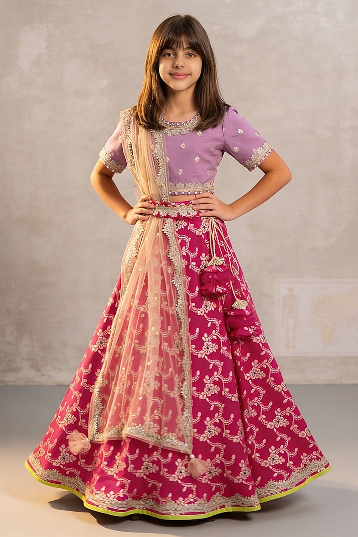 Pink Brocade Lehenga Set For Girls by Fayon Kids at Pernia's Pop Up Shop