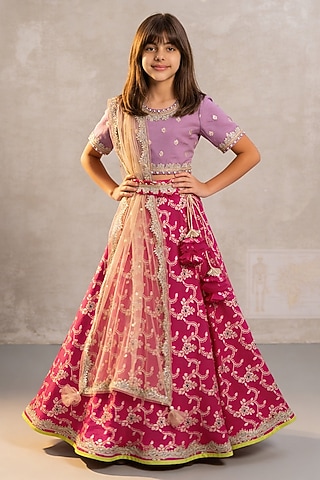 Pink Brocade Lehenga Set For Girls by Fayon Kids
