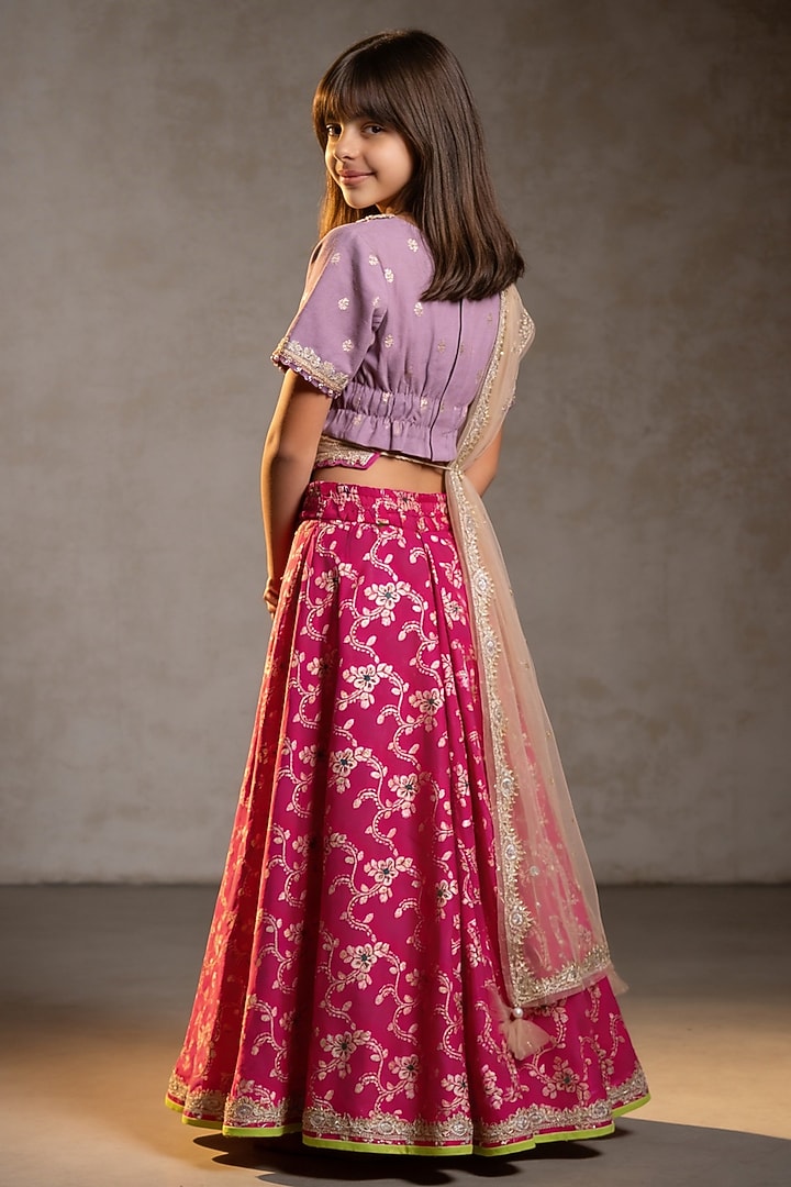 Pink Brocade Lehenga Set For Girls by Fayon Kids at Pernia's Pop Up Shop