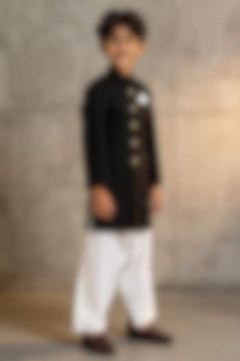 Black Suiting Sherwani Set For Boys by Fayon Kids at Pernia's Pop Up Shop