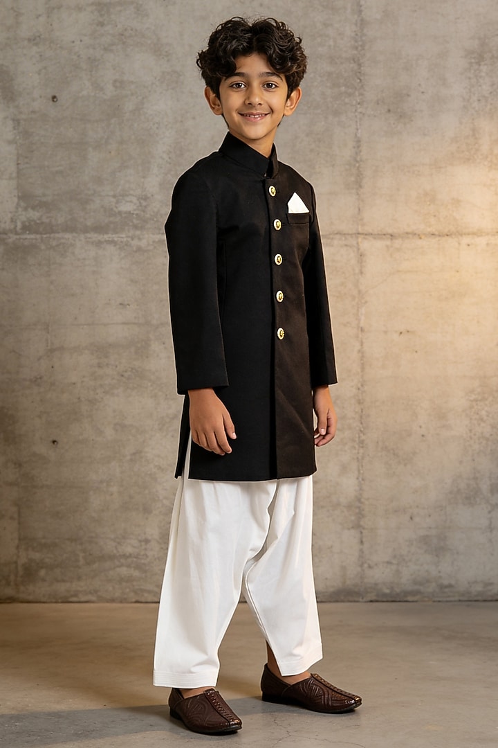 Black Suiting Sherwani Set For Boys by Fayon Kids at Pernia's Pop Up Shop