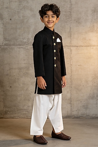 Black Suiting Sherwani Set For Boys by Fayon Kids