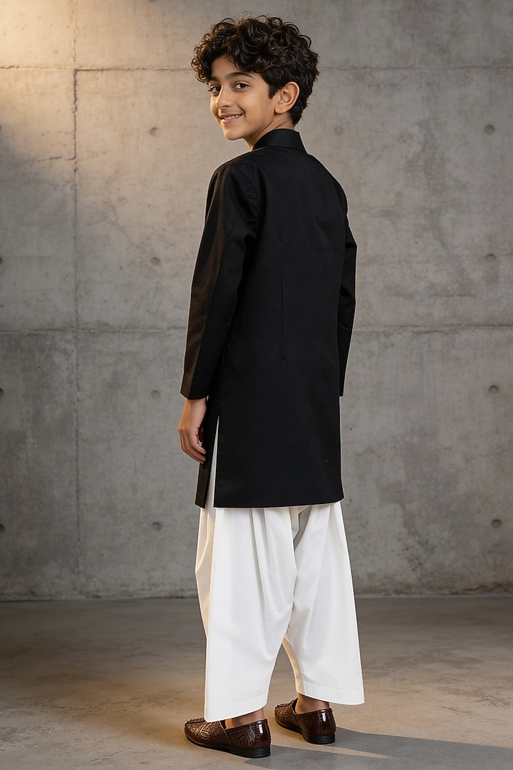 Black Suiting Sherwani Set For Boys by Fayon Kids at Pernia's Pop Up Shop