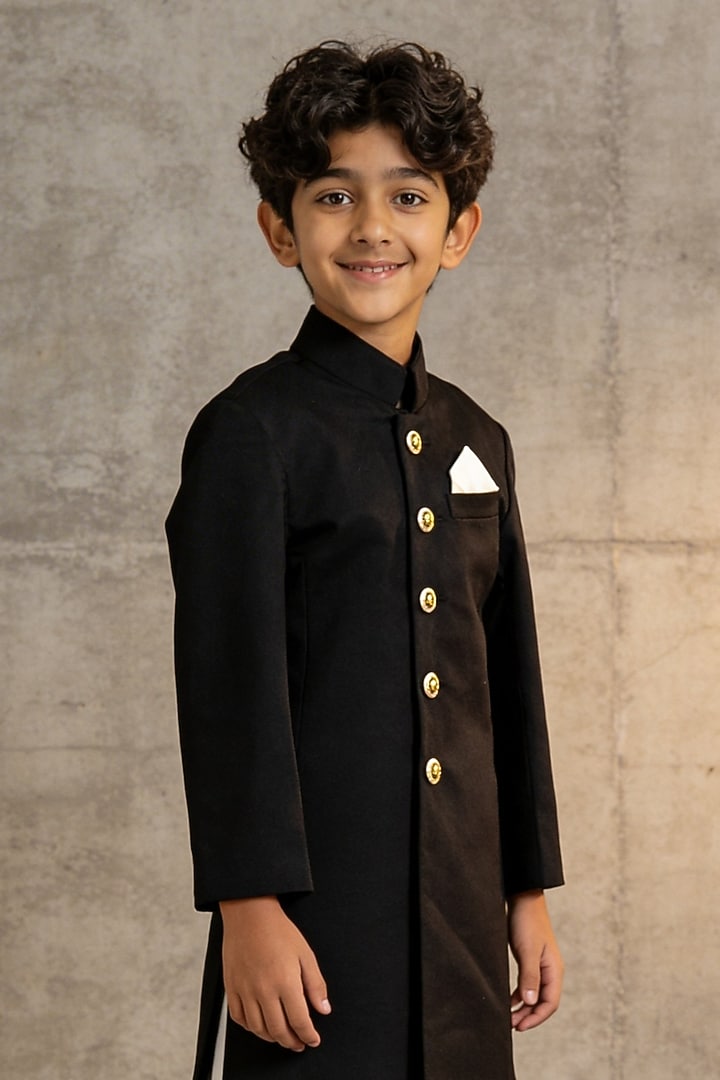Black Suiting Sherwani Set For Boys by Fayon Kids at Pernia's Pop Up Shop