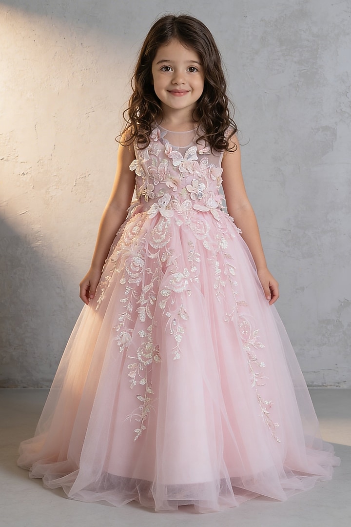 Pink Net 3D Floral Embroidered Gown For Girls by Fayon Kids at Pernia's Pop Up Shop