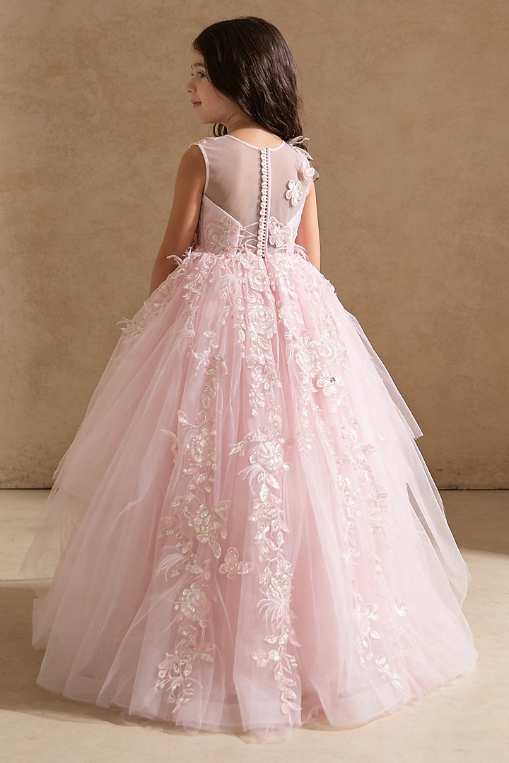 Pink Net 3D Floral Embroidered Gown For Girls by Fayon Kids at Pernia's Pop Up Shop