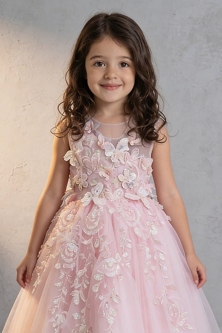 Pink Net 3D Floral Embroidered Gown For Girls by Fayon Kids at Pernia's Pop Up Shop