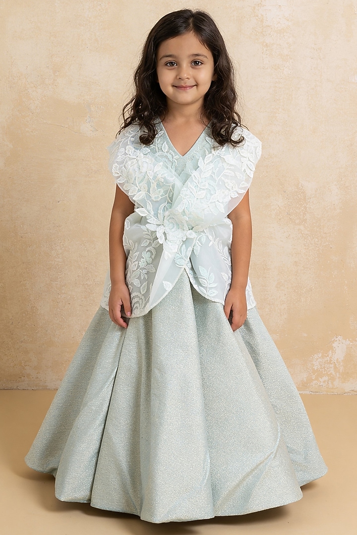 Green Shimmer Embroidered Gown For Girls by Fayon Kids at Pernia's Pop Up Shop
