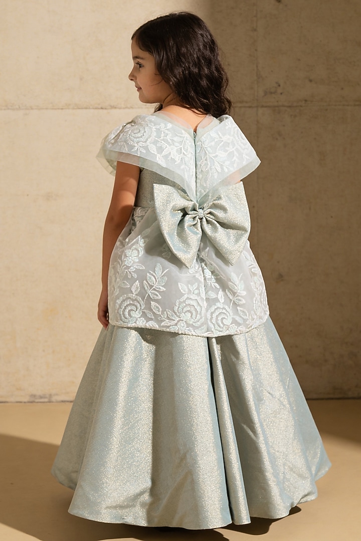 Green Shimmer Embroidered Gown For Girls by Fayon Kids at Pernia's Pop Up Shop