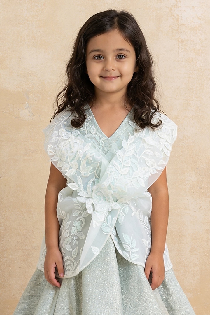 Green Shimmer Embroidered Gown For Girls by Fayon Kids at Pernia's Pop Up Shop