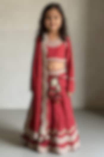 Red Satin Bandhej Lehenga Set For Girls by Fayon Kids at Pernia's Pop Up Shop